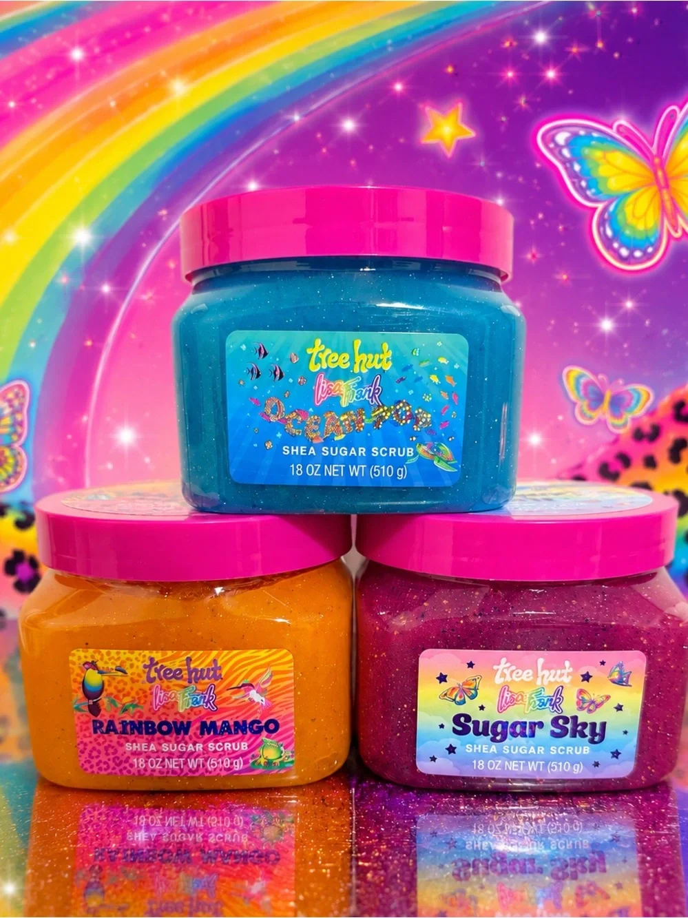 Lisa Frank x Tree Hut collab limited edition Sugar Sky, Rainbow Mango & Ocean